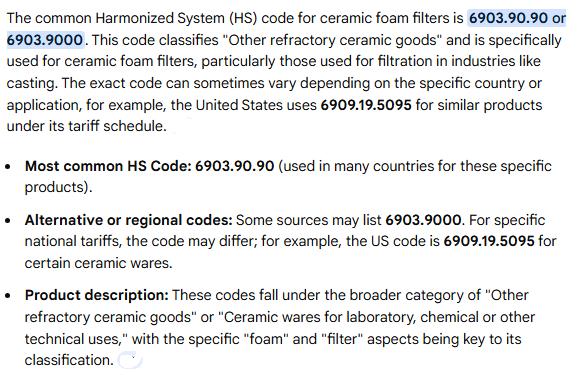 Seramik Köpük Filtreler HS Kodu