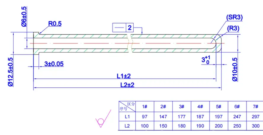 Design drawings of thermocouple protection tubes, including dimensional specifications