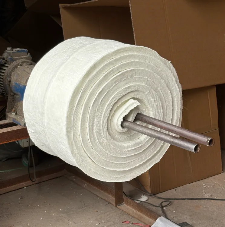 Ceramic fiber blanket being cut by industrial machine for high temperature insulation