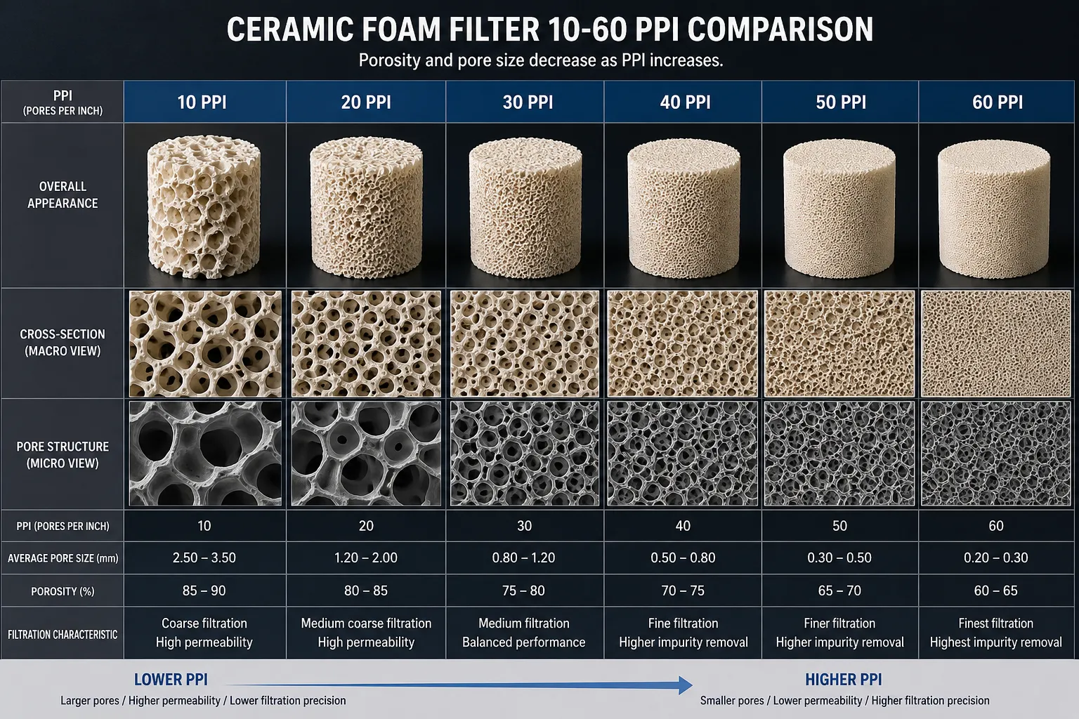 CERAMIC FOAM FILTER 10-60 PPI COMPARISON