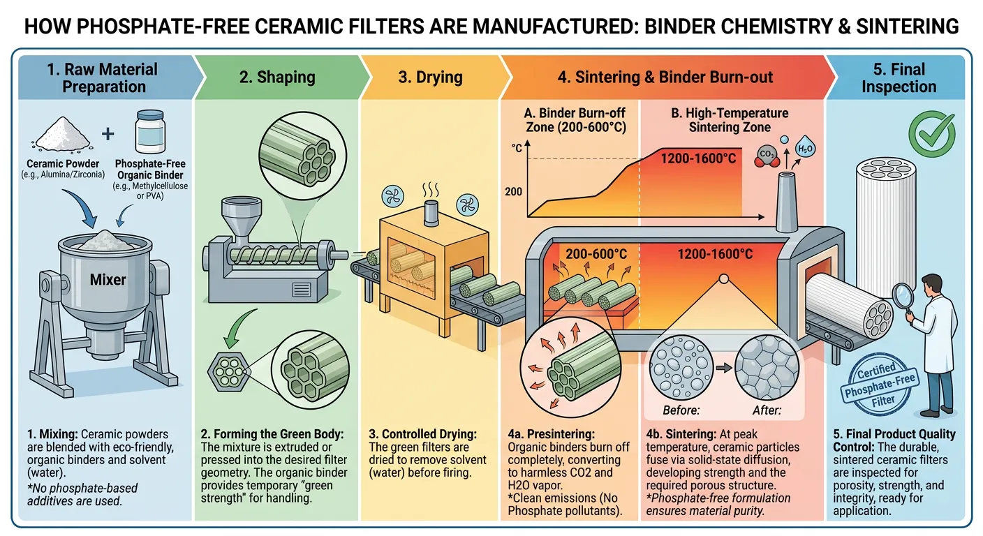 Illustration of binder chemistry and high-temperature sintering in phosphate-free ceramic foam filter manufacturing
