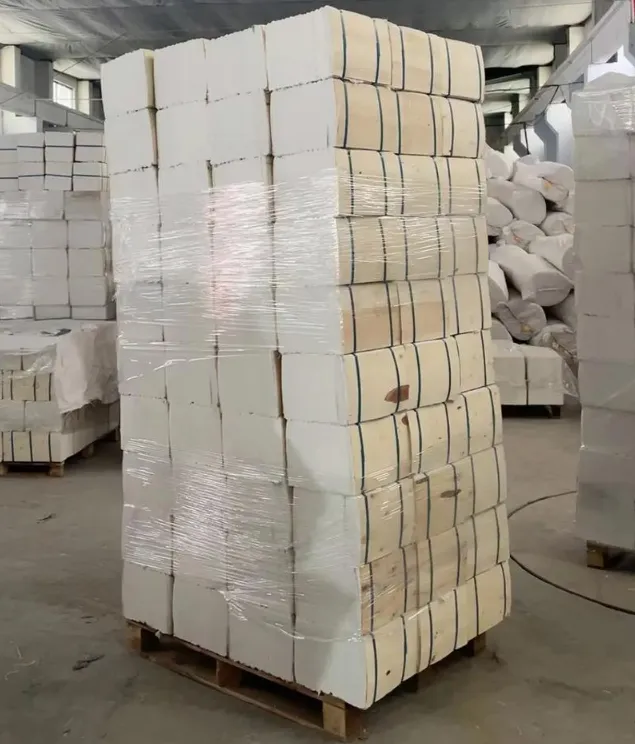 Ceramic fiber insulation sheet packaging for furnace lining and high-temperature insulation, showing labeled boxes with product specifications, branding, and protective wrapping suitable for industrial storage and transport.