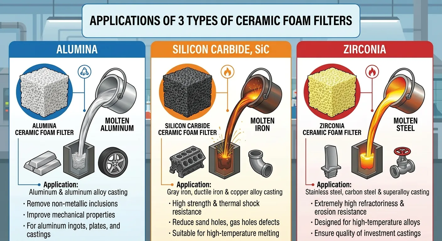 Comparison of alumina, silicon carbide, and zirconia ceramic foam filters for metal casting