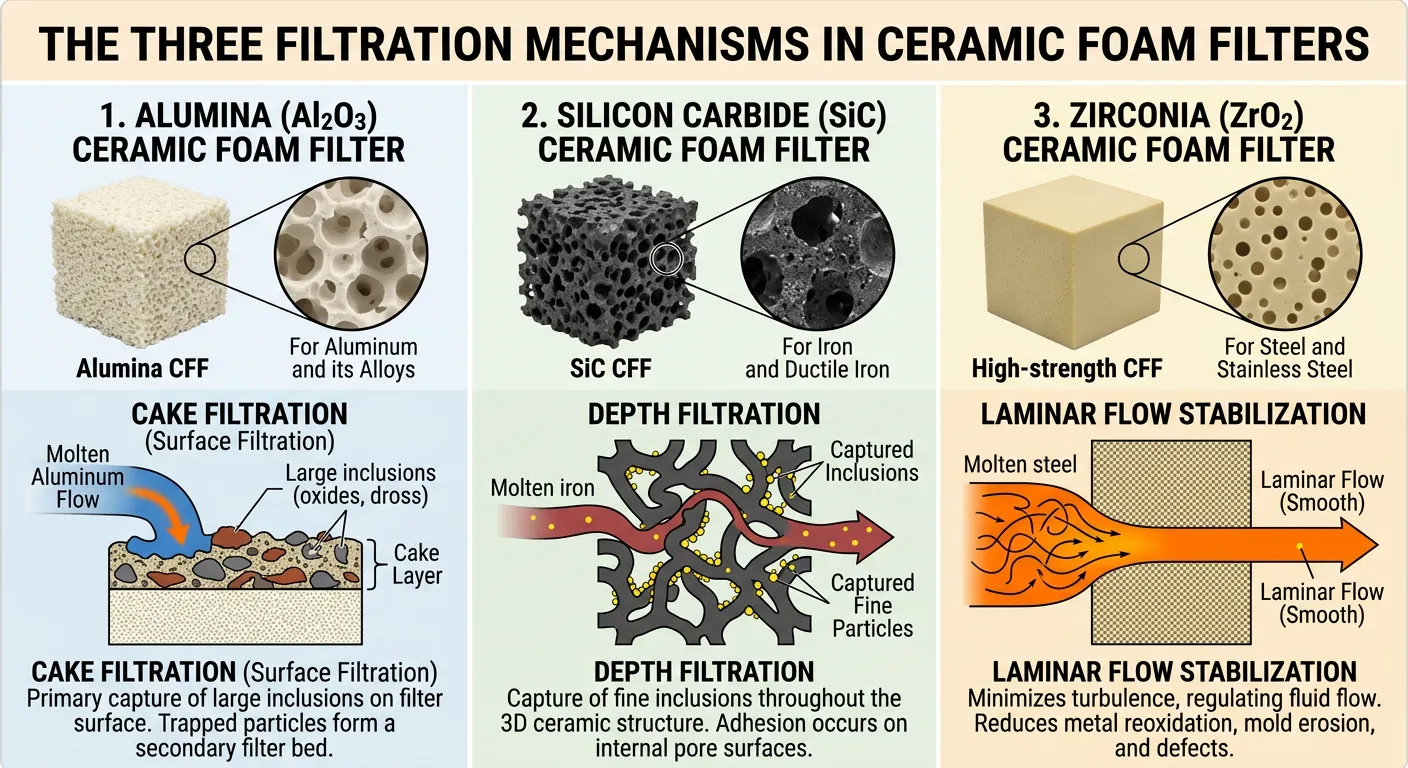 THE THREE FILTRATION MECHANISMS IN CERAMIC FOAM FILTERS