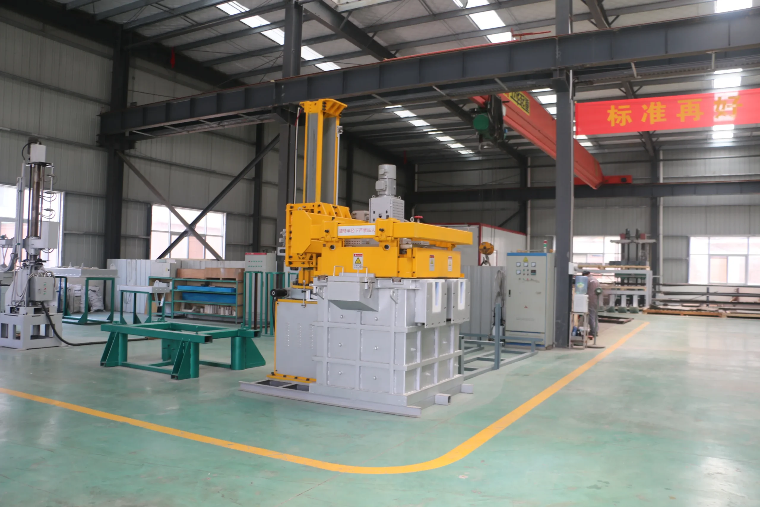 Molten aluminum online degassing unit removing dissolved hydrogen gas from the melt, featuring a rotary degassing system with inert gas injection to improve metal purity and reduce porosity in aluminum casting processes.