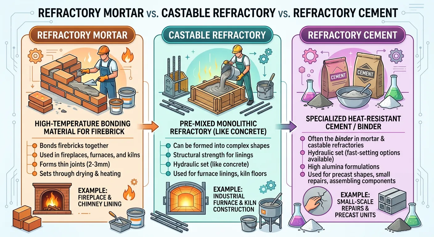 Refractory Mortar vs. Castable Refractory vs. Refractory Cement