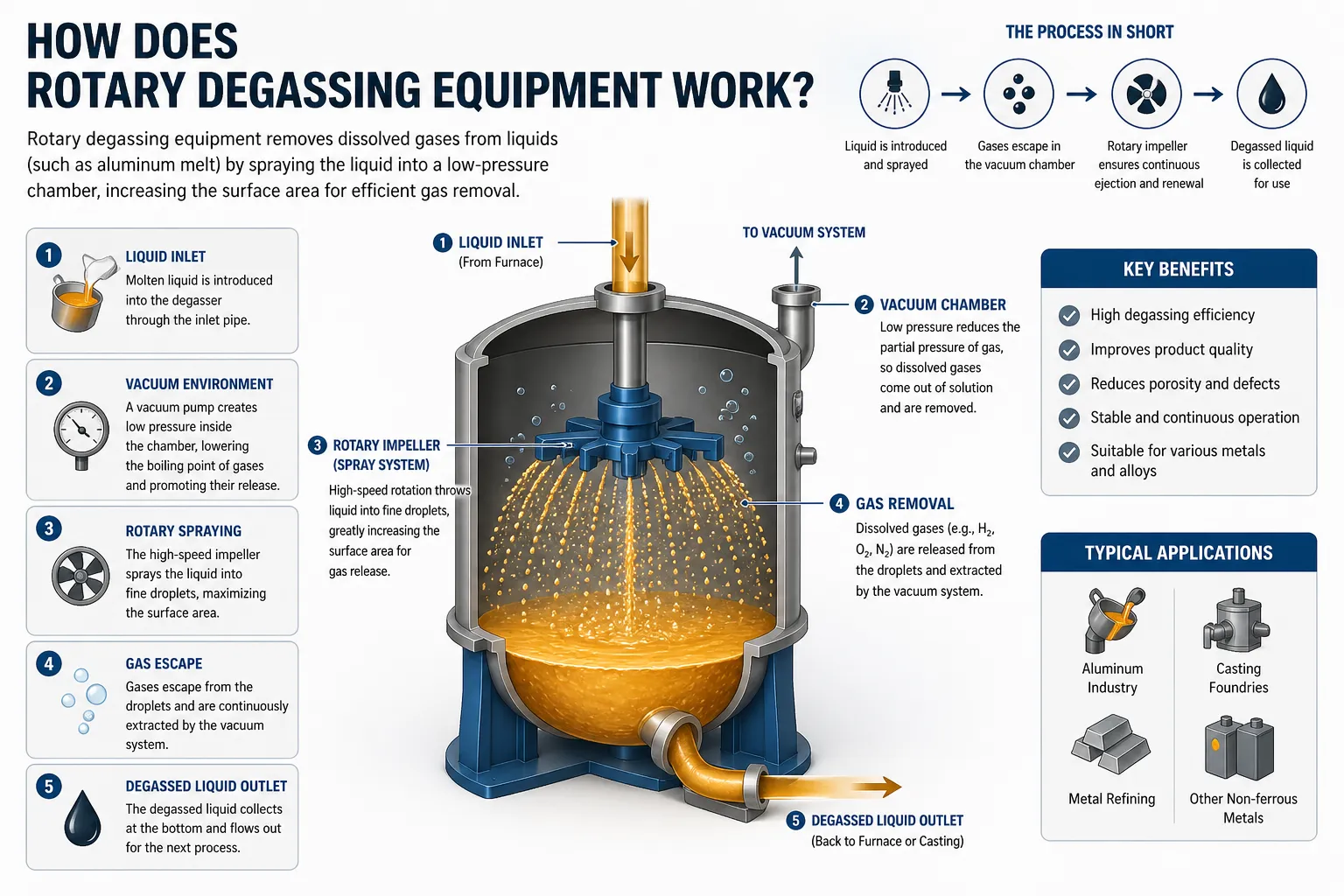 Schematic diagram of AdTech online rotary degassing system illustrating the working principle, where a rotating impeller injects inert gas into molten aluminum to create fine bubbles that remove dissolved hydrogen and inclusions, improving melt quality and reducing porosity in casting.