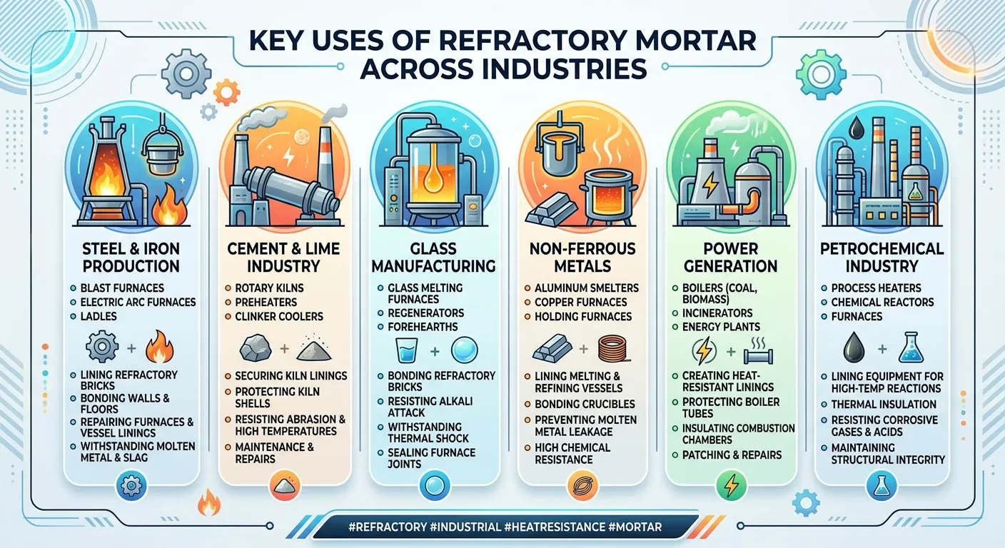 Illustration showing key industrial applications of refractory mortar across furnaces, kilns, and high-temperature processing equipment