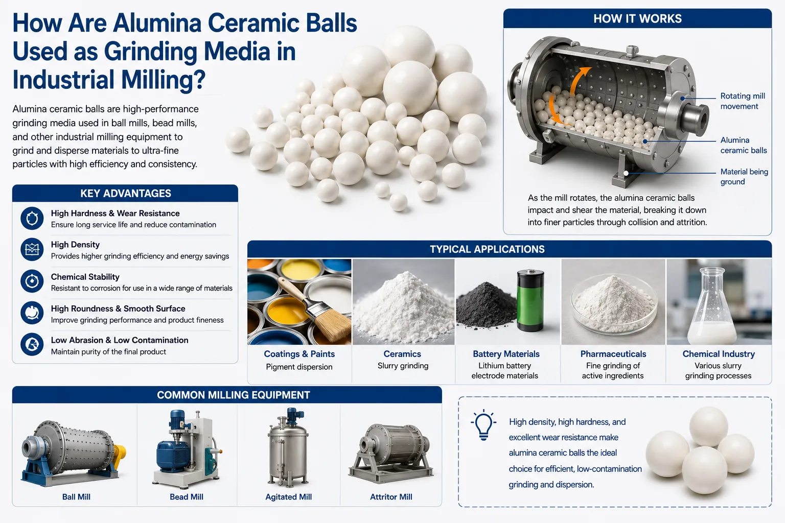 Infographic showing alumina ceramic balls used as grinding media in industrial ball mills for fine particle milling, dispersion, and low-contamination processing.