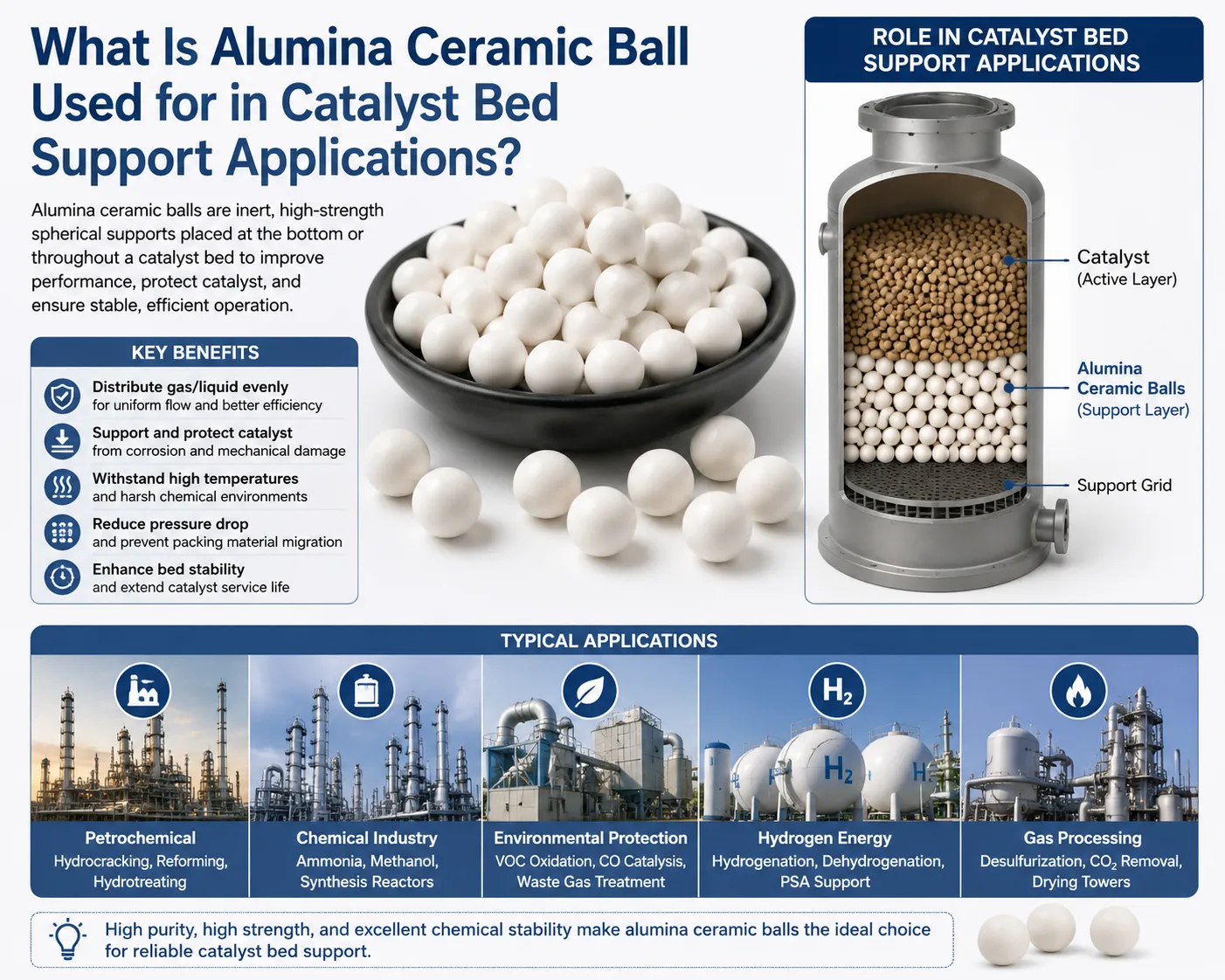 Alumina ceramic balls used as catalyst bed support media in petrochemical and gas processing reactors for improved flow distribution and catalyst protection.