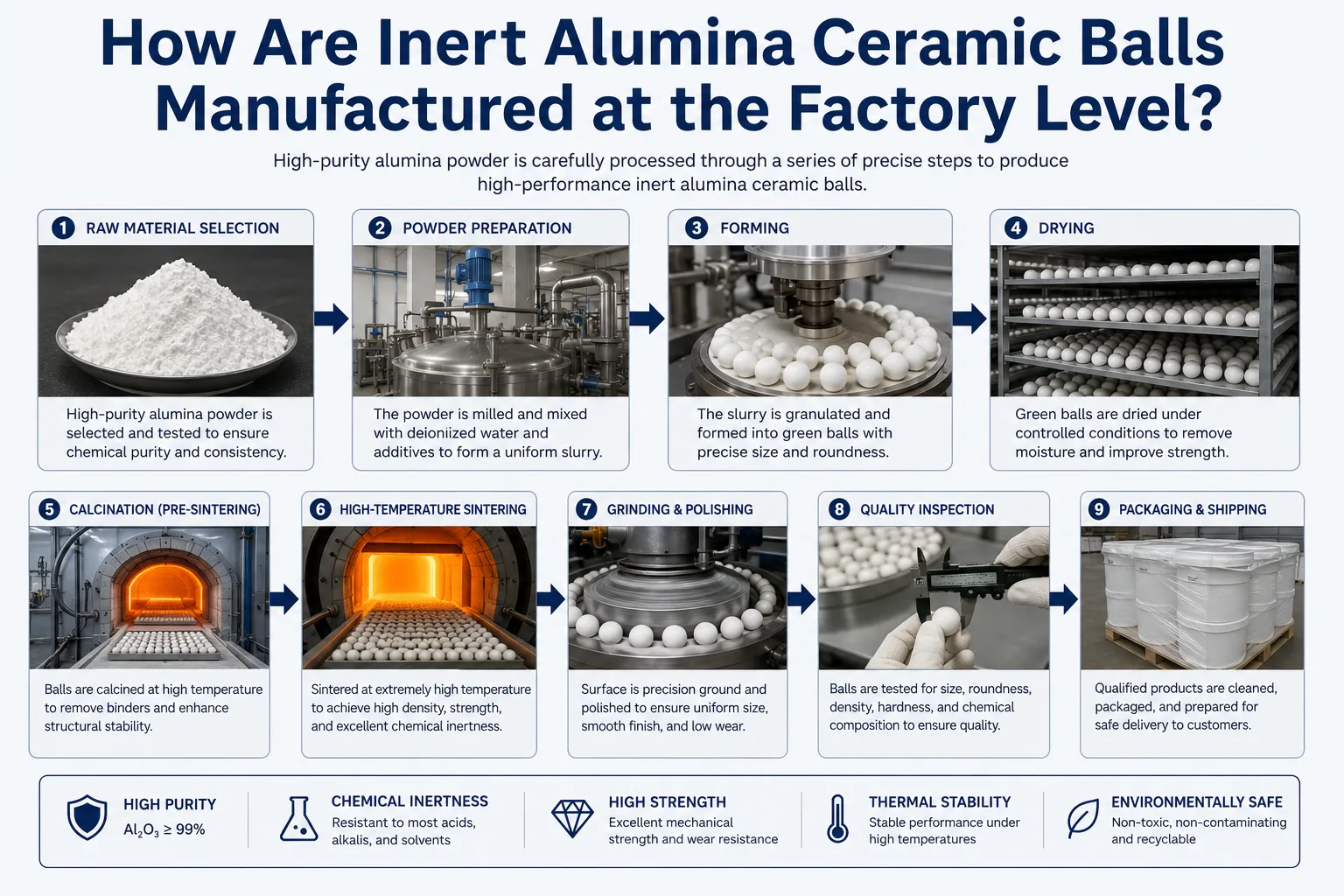 Infographic showing the factory-level manufacturing process of inert alumina ceramic balls, including raw material selection, forming, drying, sintering, grinding, quality inspection, and packaging.