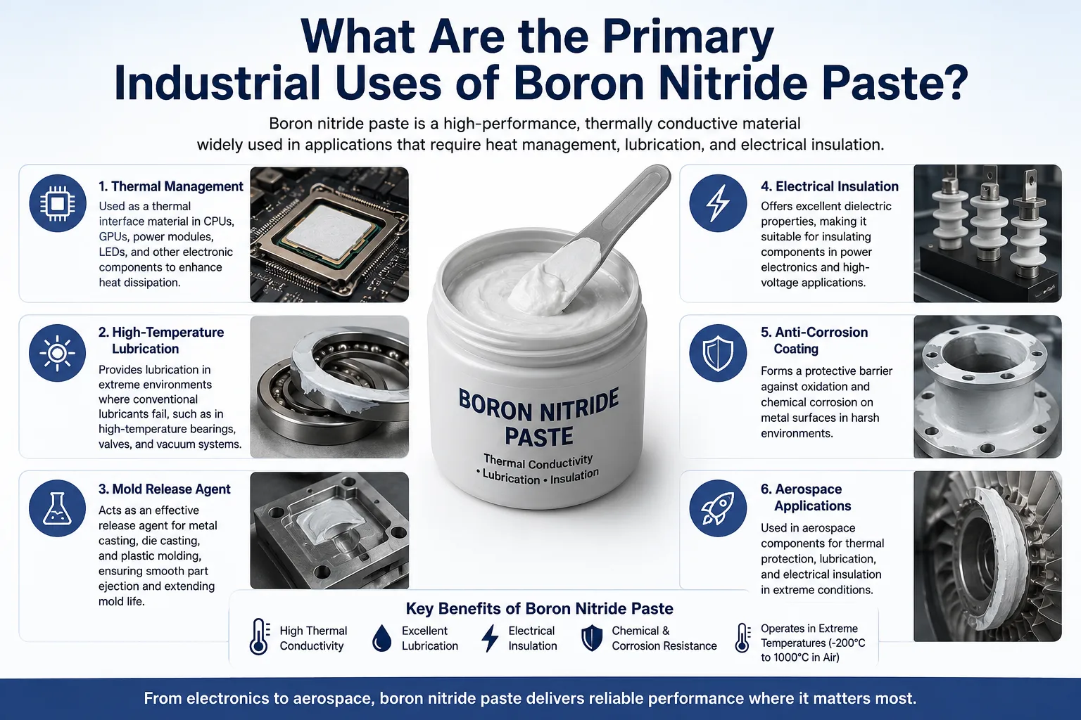 Industrial infographic showing the primary uses of boron nitride paste, including thermal management, high-temperature lubrication, mold release, electrical insulation, anti-corrosion coating, and aerospace applications.