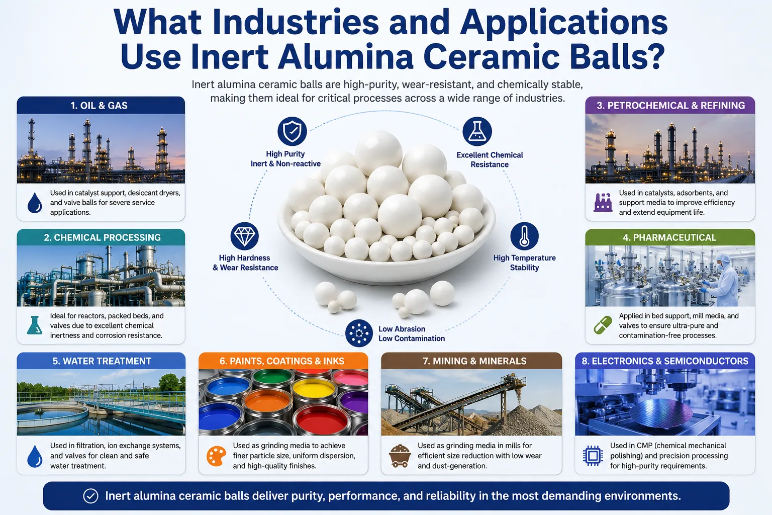 Infographic showing key industries and applications of inert alumina ceramic balls, including oil & gas, chemical processing, water treatment, pharmaceuticals, mining, coatings, and electronics.