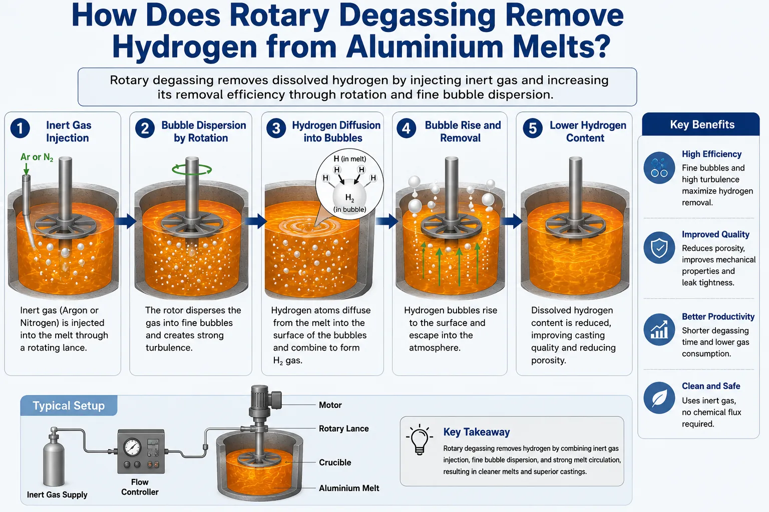 Infographic explaining how rotary degassing removes hydrogen from aluminium melts using inert gas injection, rotating bubbles, hydrogen diffusion, and melt purification to reduce porosity.