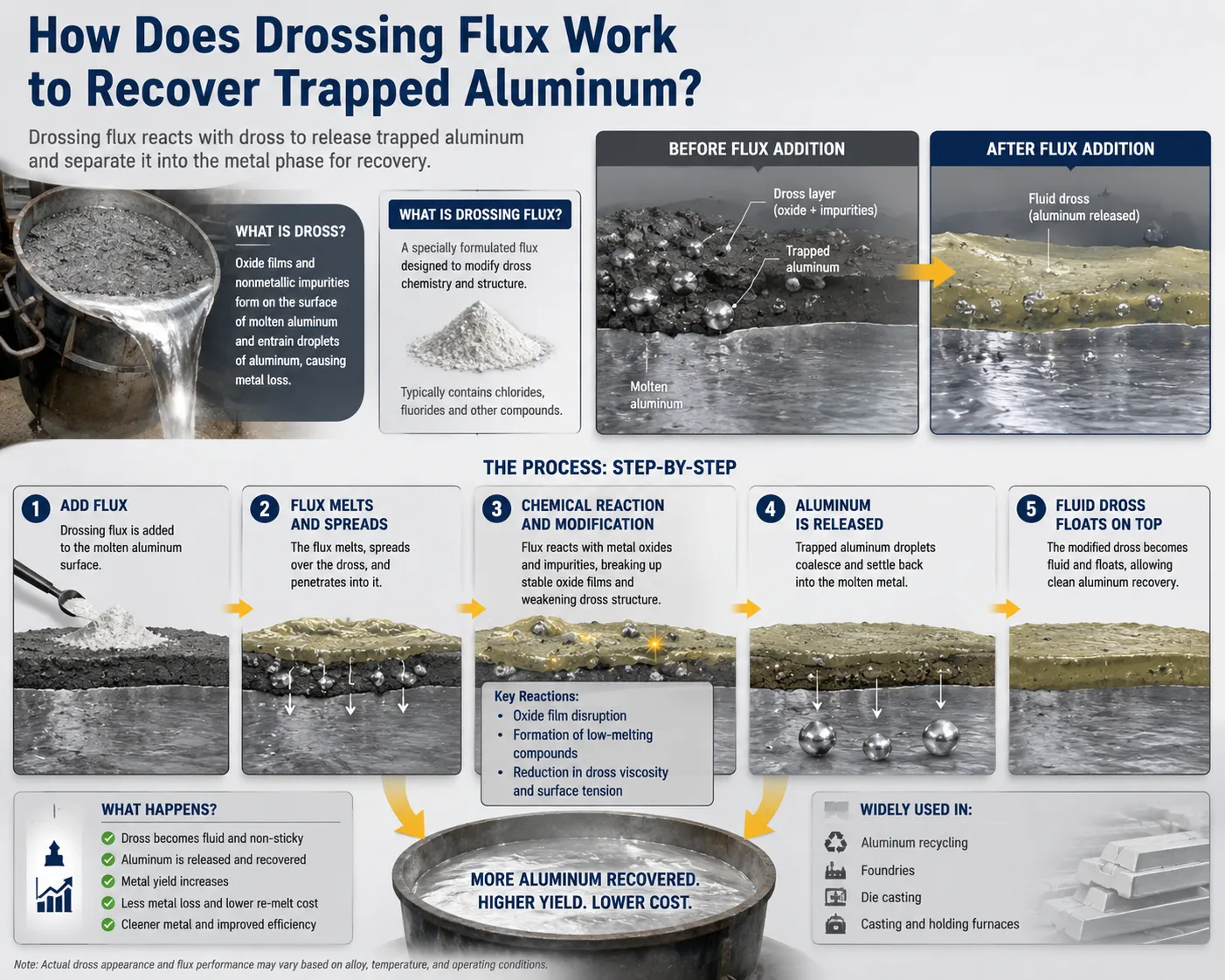 Infographic showing how drossing flux recovers trapped aluminum from dross through a step-by-step process, improving aluminum yield and reducing metal loss.