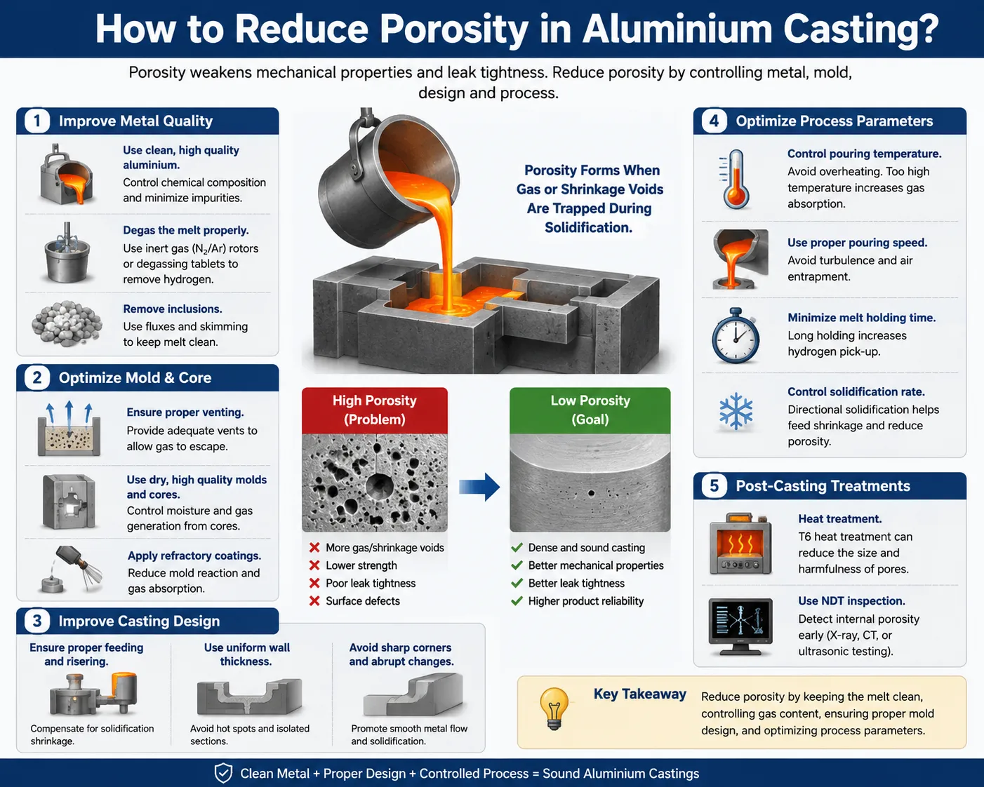 Infographic showing how to reduce porosity in aluminium casting through melt degassing, mold optimization, controlled pouring, solidification control, and post-casting treatment methods.