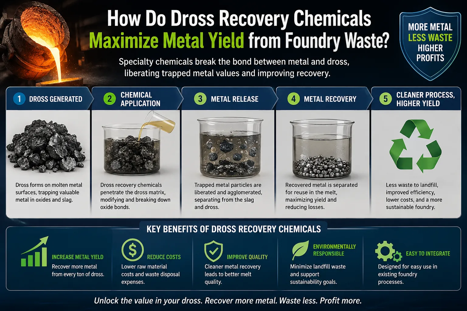 Dross recovery chemicals infographic showing how foundry waste treatment separates trapped metal from dross to improve metal yield, reduce waste, and lower production costs.