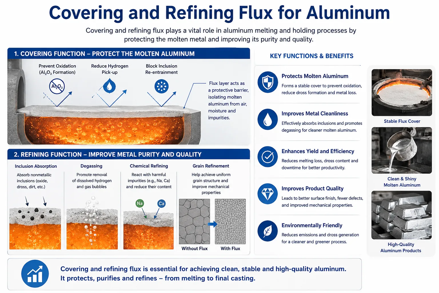 infographic showing how covering and refining flux protects molten aluminum, removes oxides and inclusions, and improves melt quality and casting efficiency.