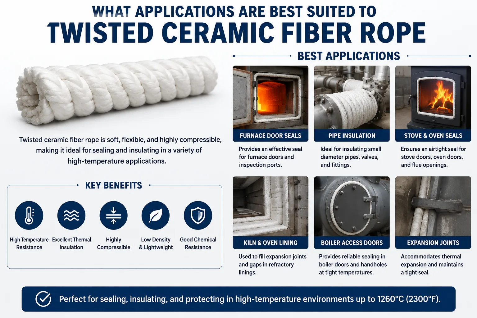 Infographic showing the best applications for twisted ceramic fiber rope, including furnace door seals, pipe insulation, kiln linings, boiler doors, and high-temperature expansion joints.