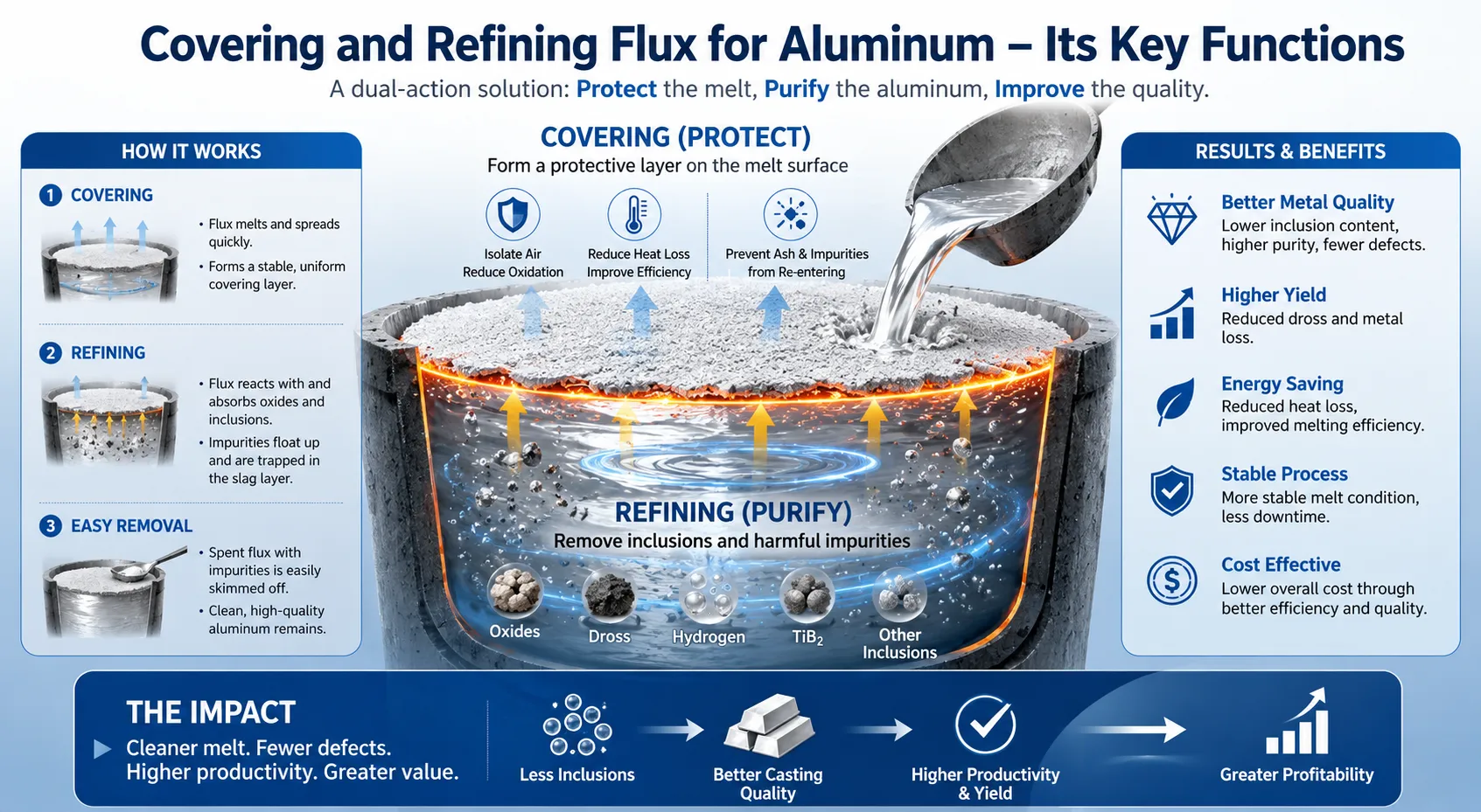 Industrial infographic illustrating the covering and refining functions of aluminum flux, including oxidation protection, impurity removal, degassing, and improved metal purity.