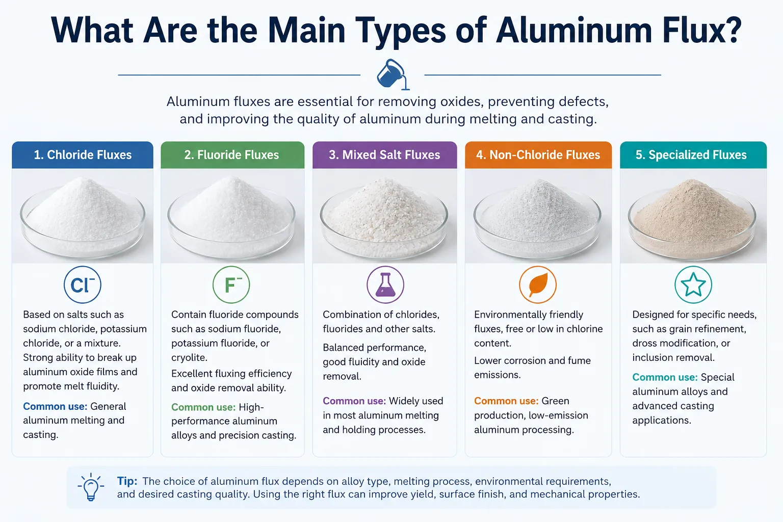 Infographic showing the main types of aluminum flux, including chloride, fluoride, mixed salt, non-chloride, and specialized fluxes for aluminum melting and casting.