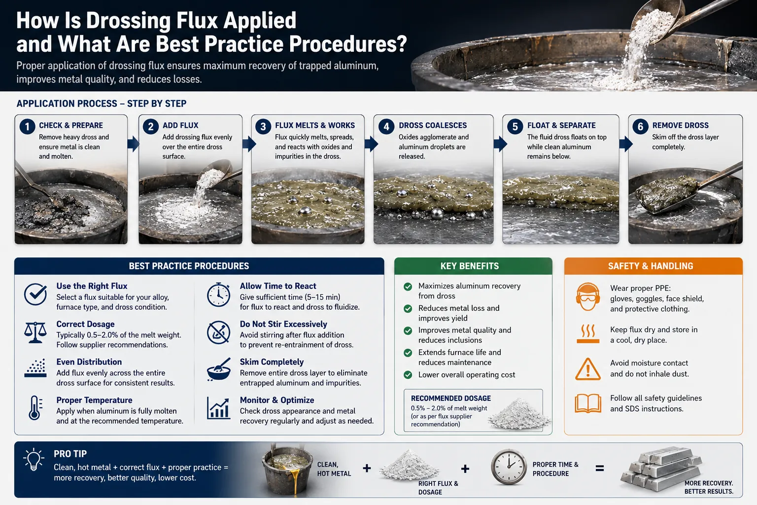 Infographic explaining how drossing flux is applied with step-by-step procedures, best practices, safety guidelines, and tips to maximize aluminum recovery and reduce metal loss.