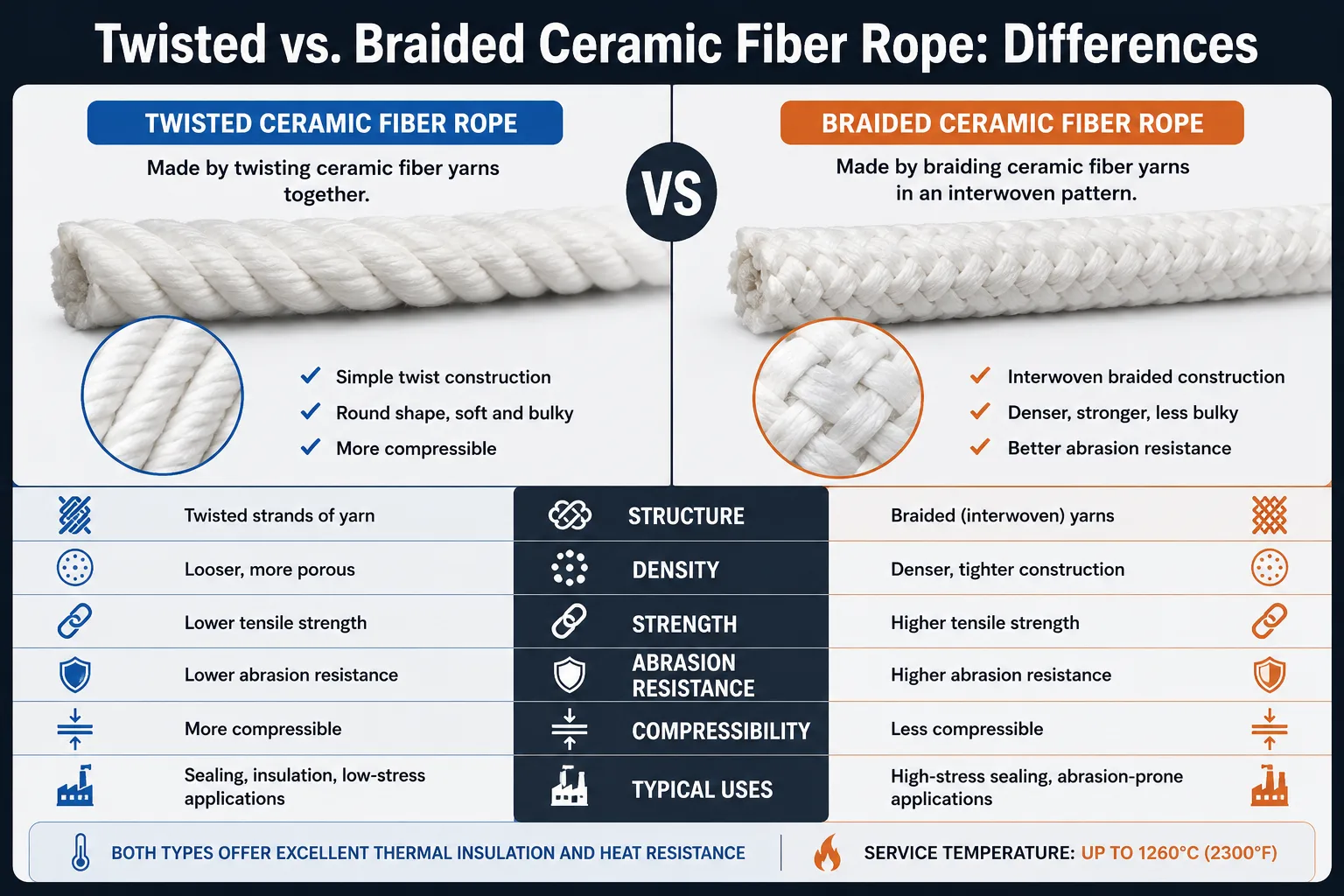 Comparison infographic of twisted vs. braided ceramic fiber rope showing structure, strength, abrasion resistance, compressibility, and high-temperature insulation performance.