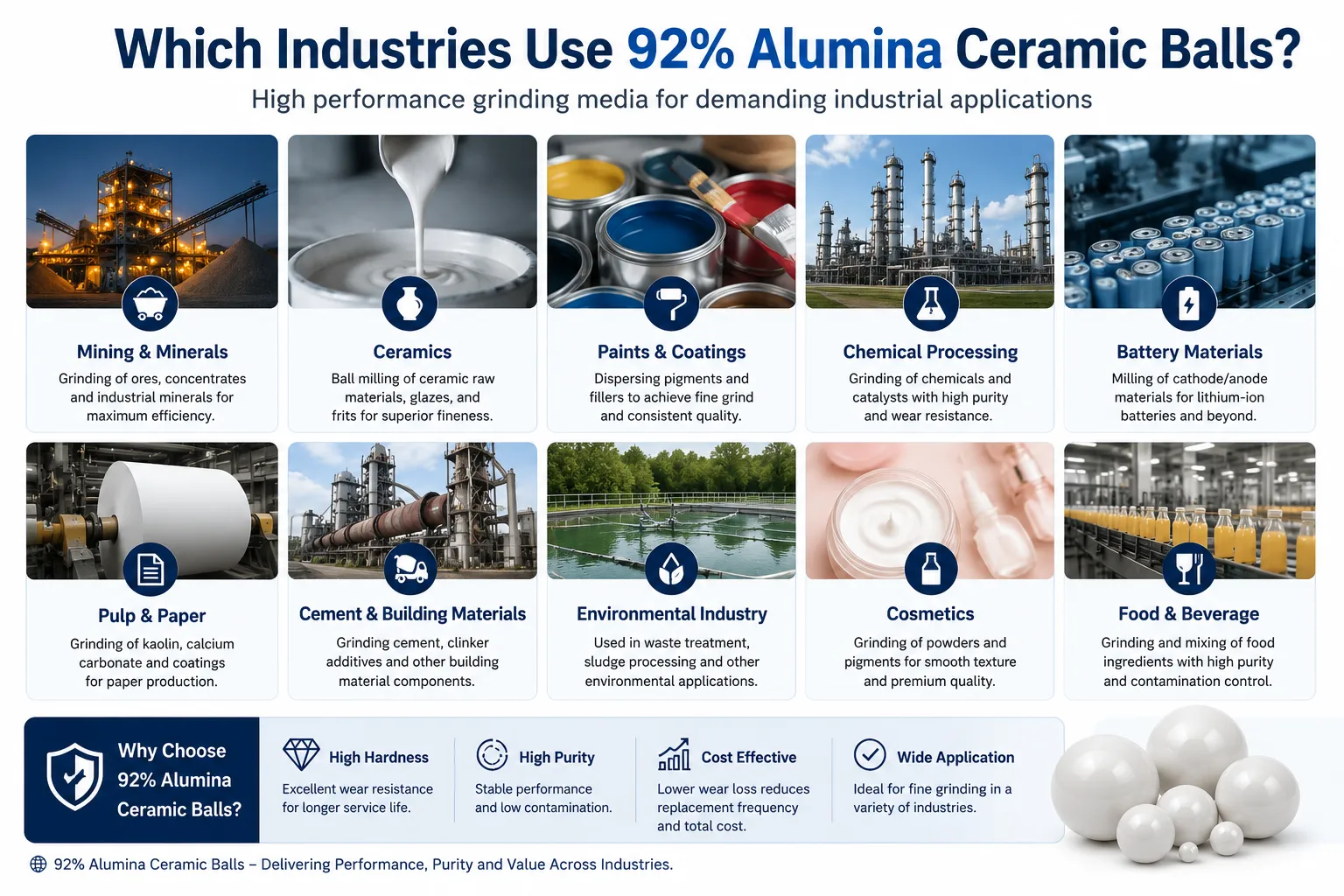 Infographic showing industries that use 92% alumina ceramic balls, including mining, ceramics, paints, chemical processing, battery materials, cement, paper, cosmetics, environmental treatment, and food processing applications.