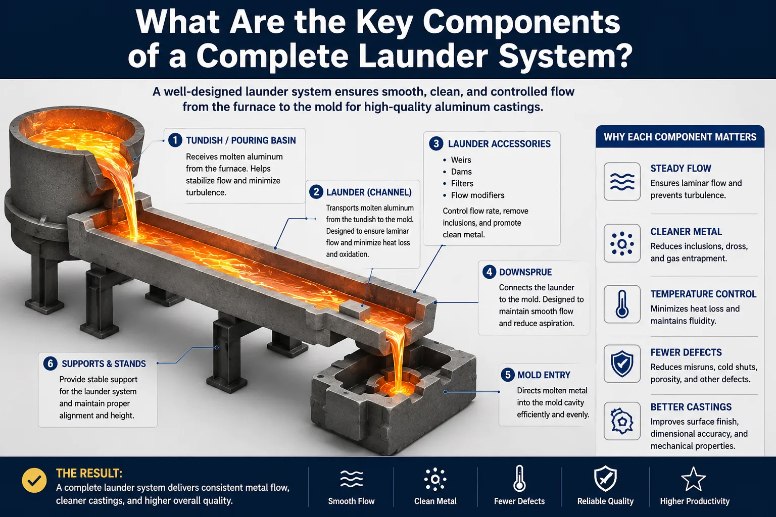 Infographic illustrating the key components of a molten aluminum launder system, including tundish, launder channel, filters, downspout, mold entry, and supports for controlled metal flow and high-quality casting.