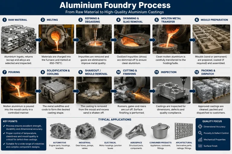 Infográfico sobre o processo de fundição de alumínio, mostrando a fusão, a desgaseificação, a moldagem, o arrefecimento, o acabamento, a inspeção e o fluxo de trabalho da produção de peças fundidas de alumínio.