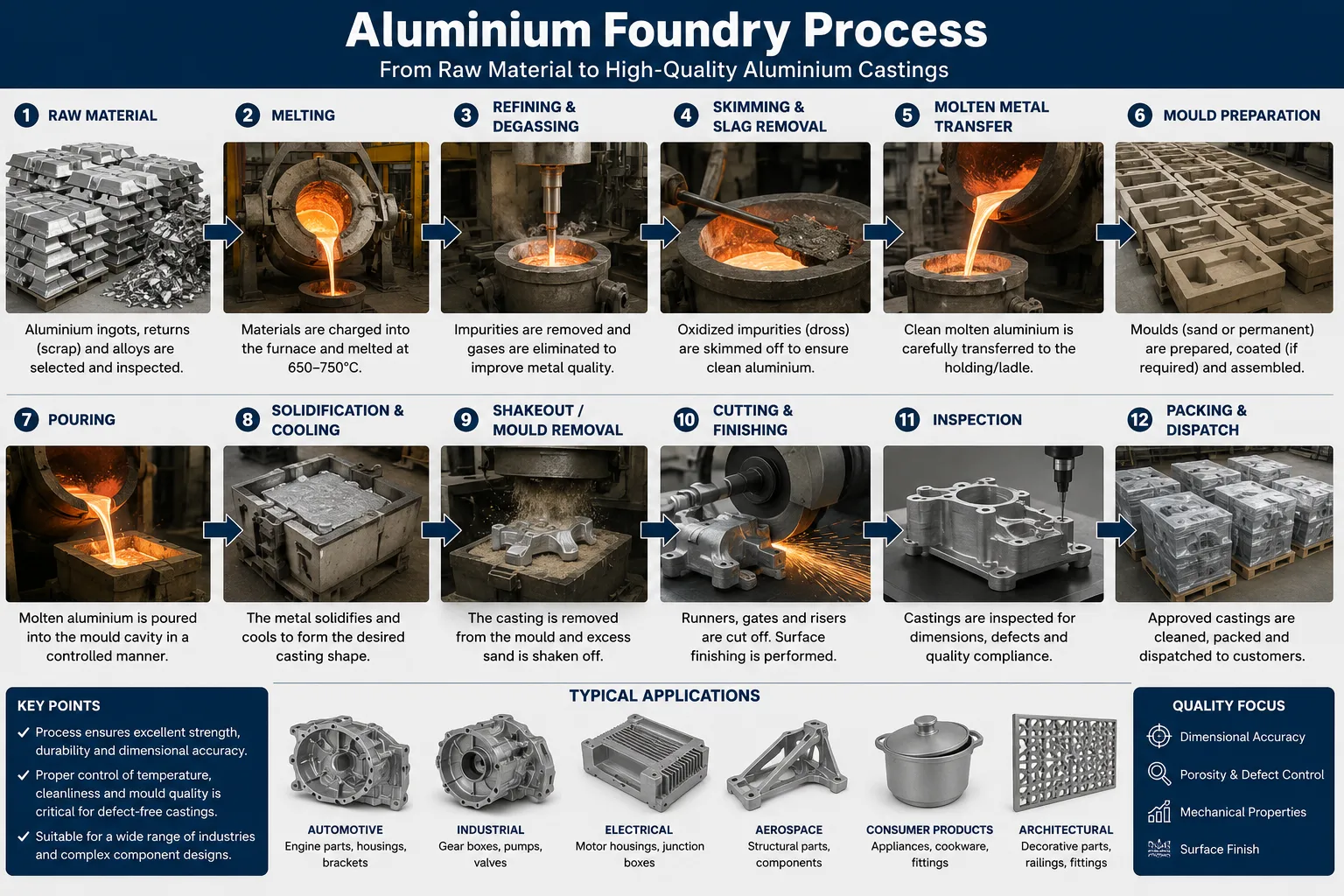 Aluminium foundry process infographic showing melting, degassing, casting, cooling, finishing, inspection, and aluminium casting production workflow.