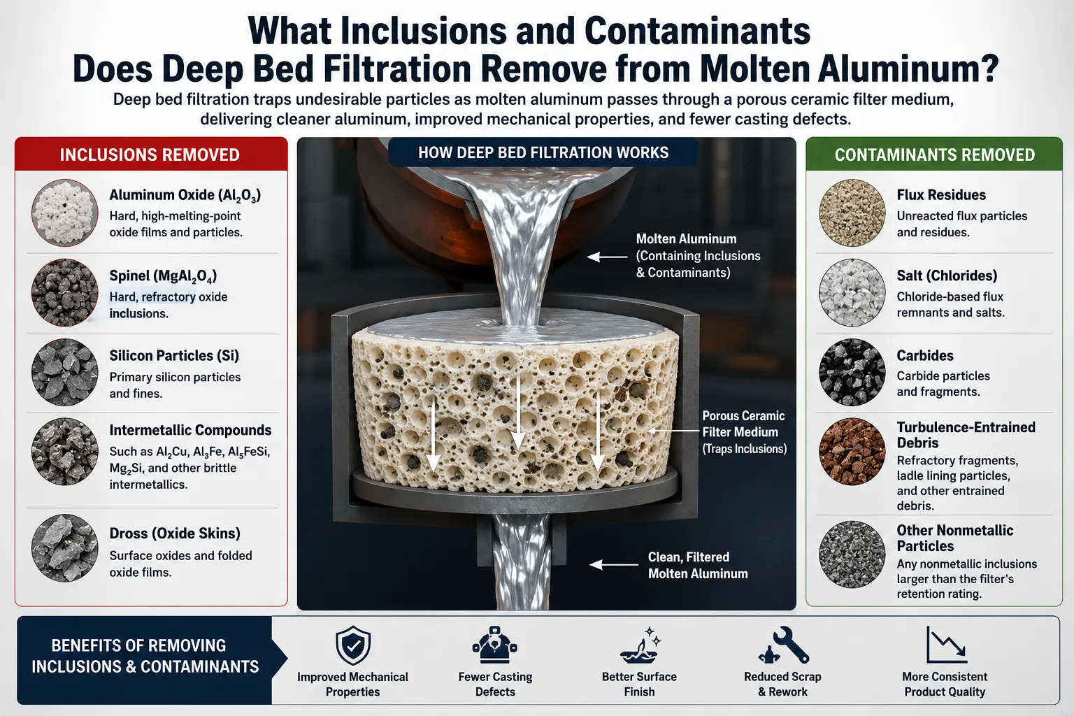 Deep bed filtration removing oxide inclusions, flux residues, carbides, and nonmetallic contaminants from molten aluminum through a porous ceramic filter bed.