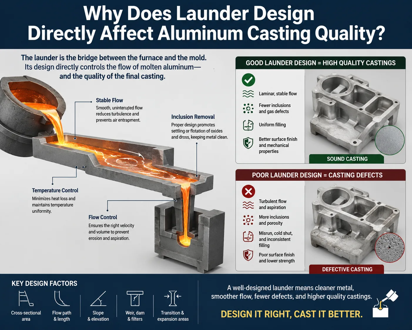 Infographic showing how molten aluminum launder design affects casting quality through flow control, temperature retention, inclusion removal, and defect reduction in aluminum casting processes.