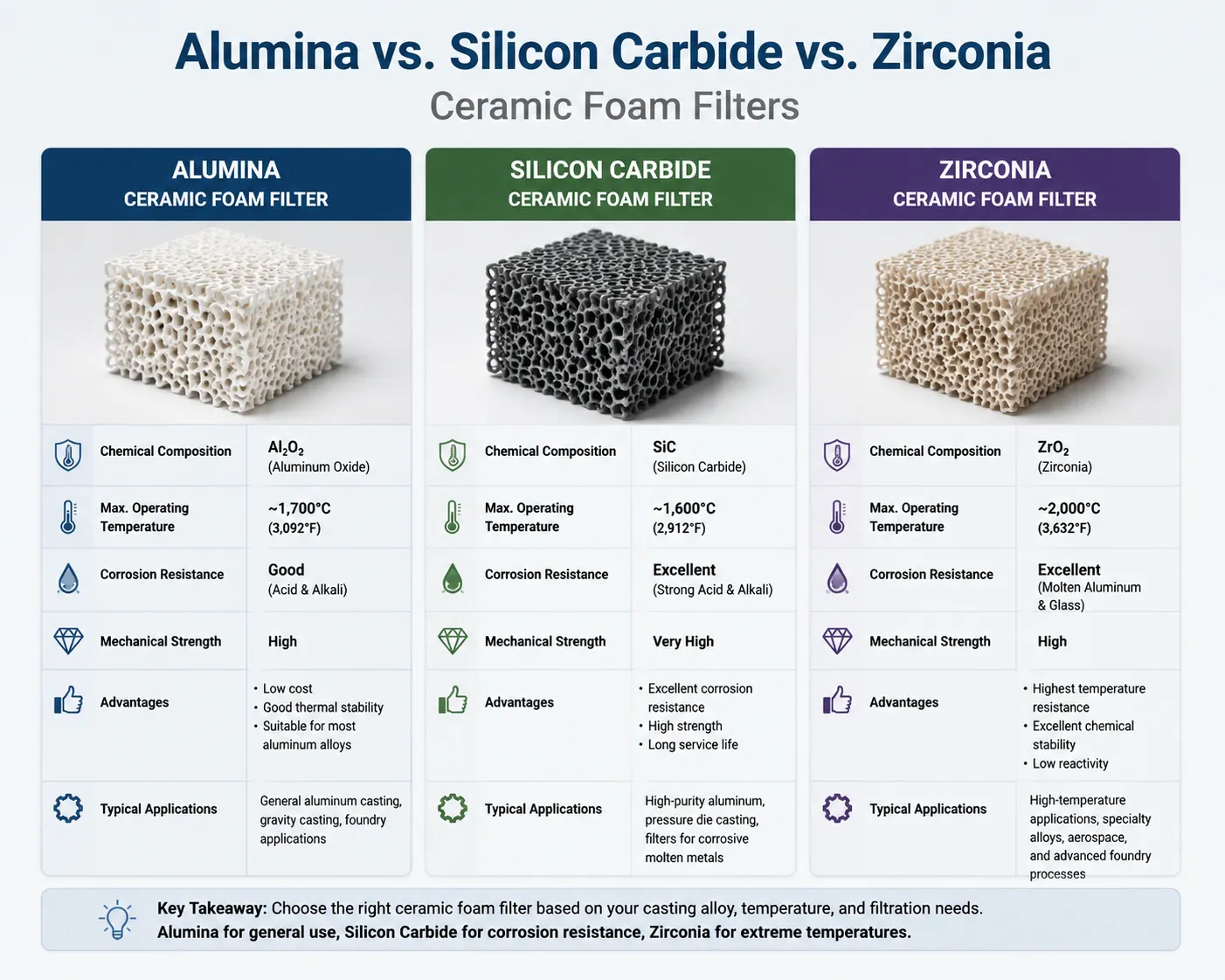 Alumina vs Silicon Carbide vs Zirconia ceramic foam filters comparison for molten metal filtration applications