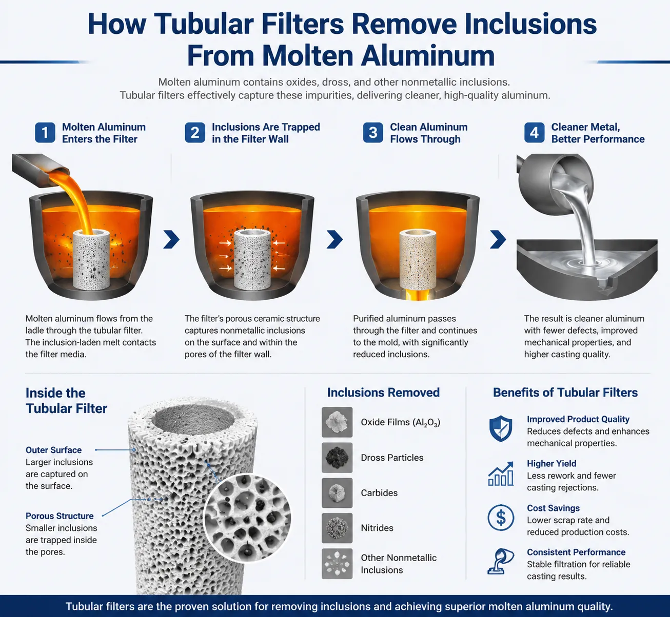 Tubular filter removing oxide inclusions and impurities from molten aluminum through porous ceramic filtration