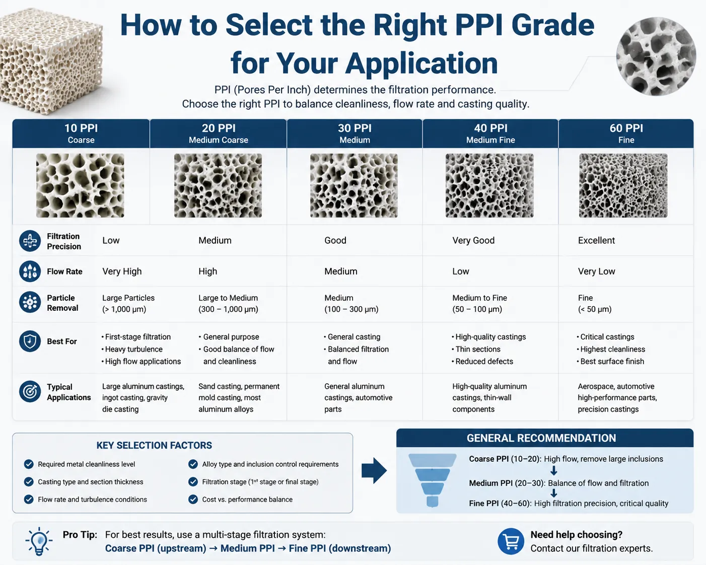 Ceramic foam filter PPI grade selection guide for molten aluminum filtration and casting quality