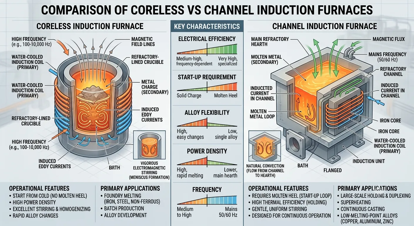 Coreless vs. Channel Induction Furnaces comparison chart.
