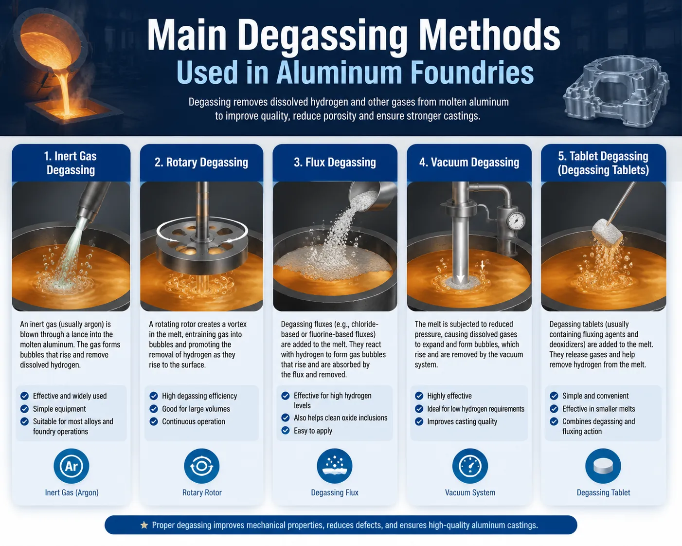 Main degassing methods used in aluminum foundries, including inert gas, rotary, flux, vacuum, and tablet degassing processes