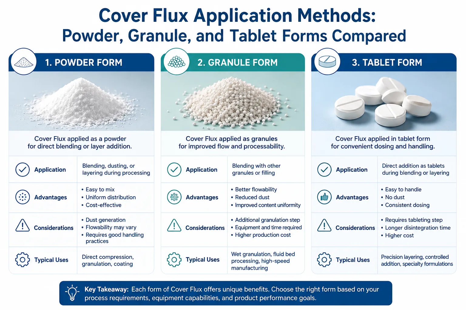 Cover Flux application methods comparison showing powder, granule, and tablet forms with their advantages, applications, and industrial uses for molten metal processing.