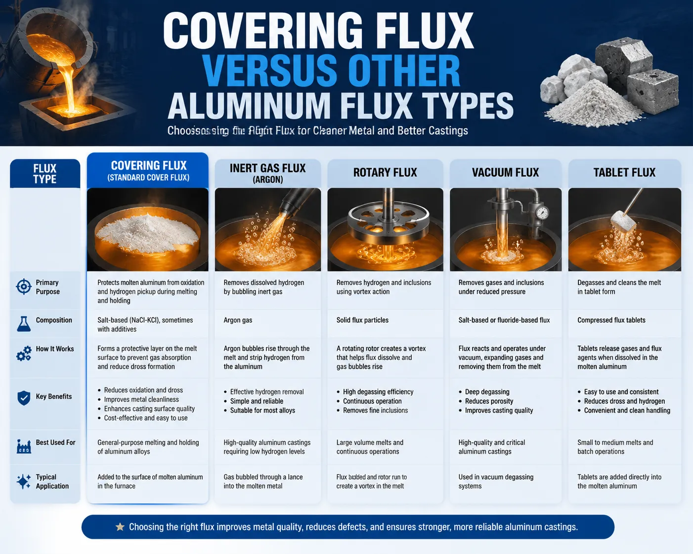 Covering flux vs other aluminum flux types comparison for cleaner molten aluminum and improved casting quality