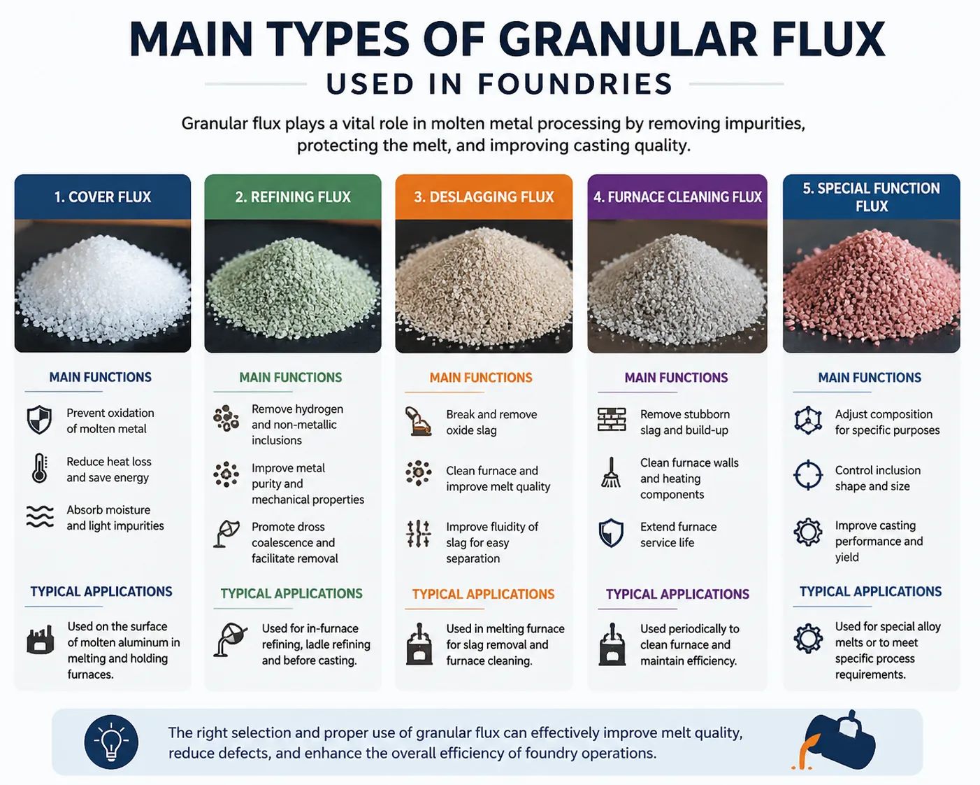 Main types of granular flux used in aluminum foundries, including cover flux, refining flux, deslagging flux, furnace cleaning flux, and special function flux.
