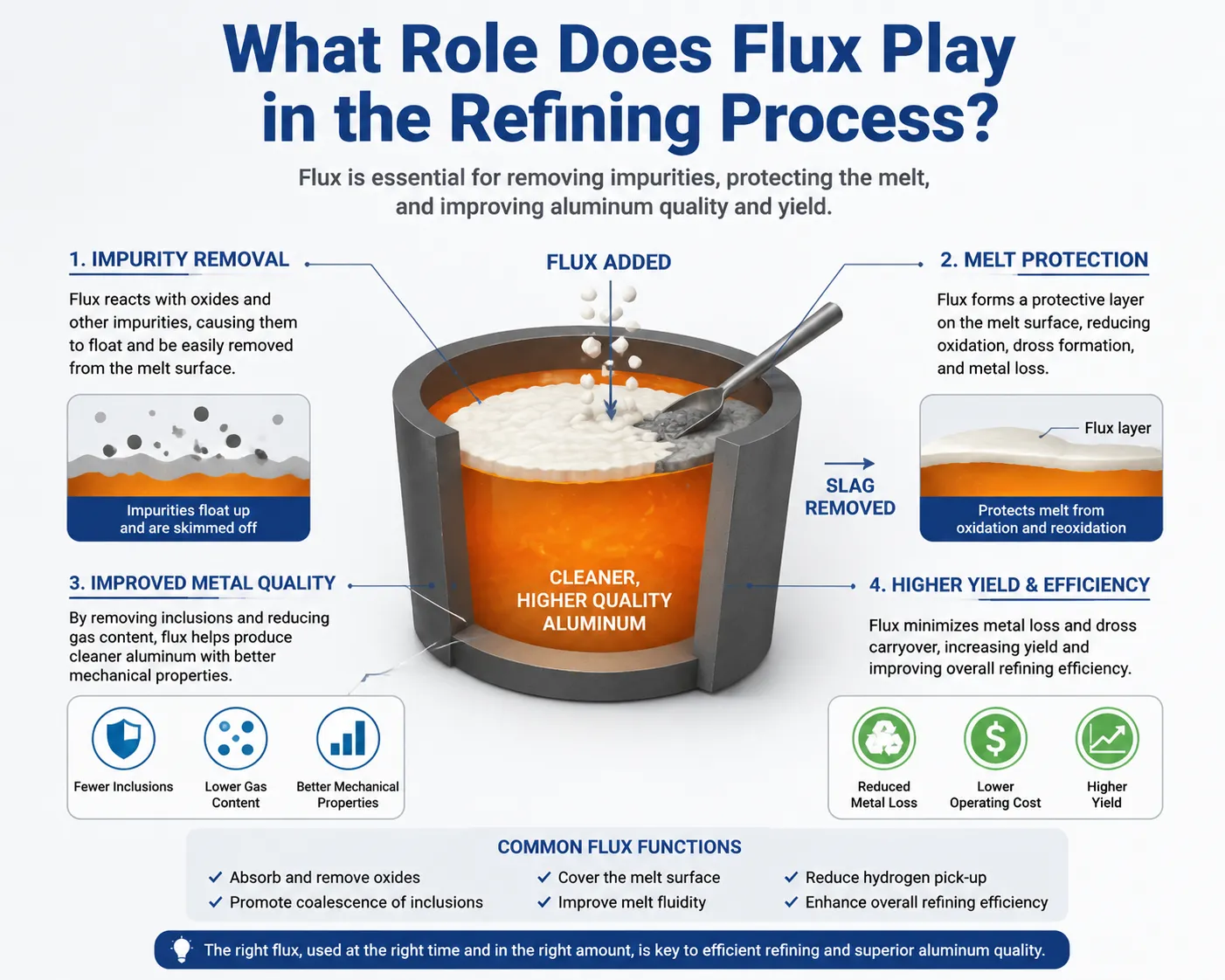 Role of aluminum refining flux in impurity removal, melt protection, and improving molten aluminum quality.