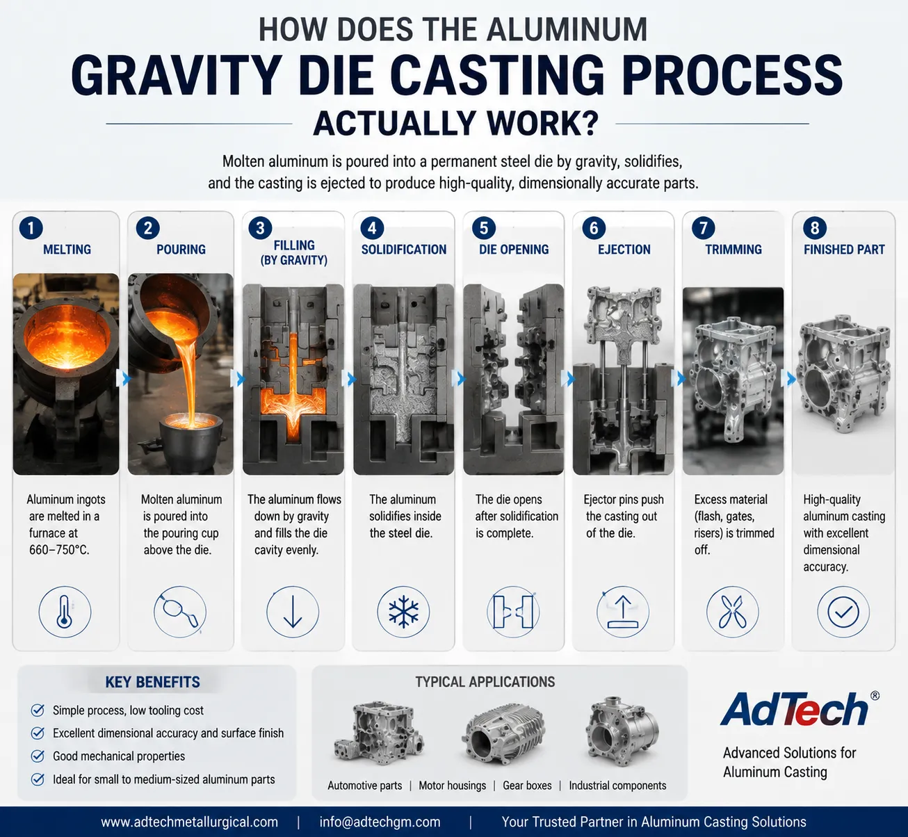 Aluminum gravity die casting process steps from melting molten aluminum to finished casting parts