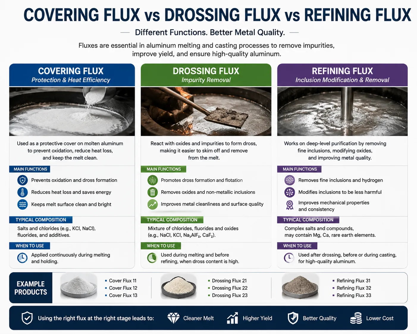 Comparison of aluminium flux types, including covering flux, drossing flux and refining flux for molten aluminium treatment and melt quality improvement.