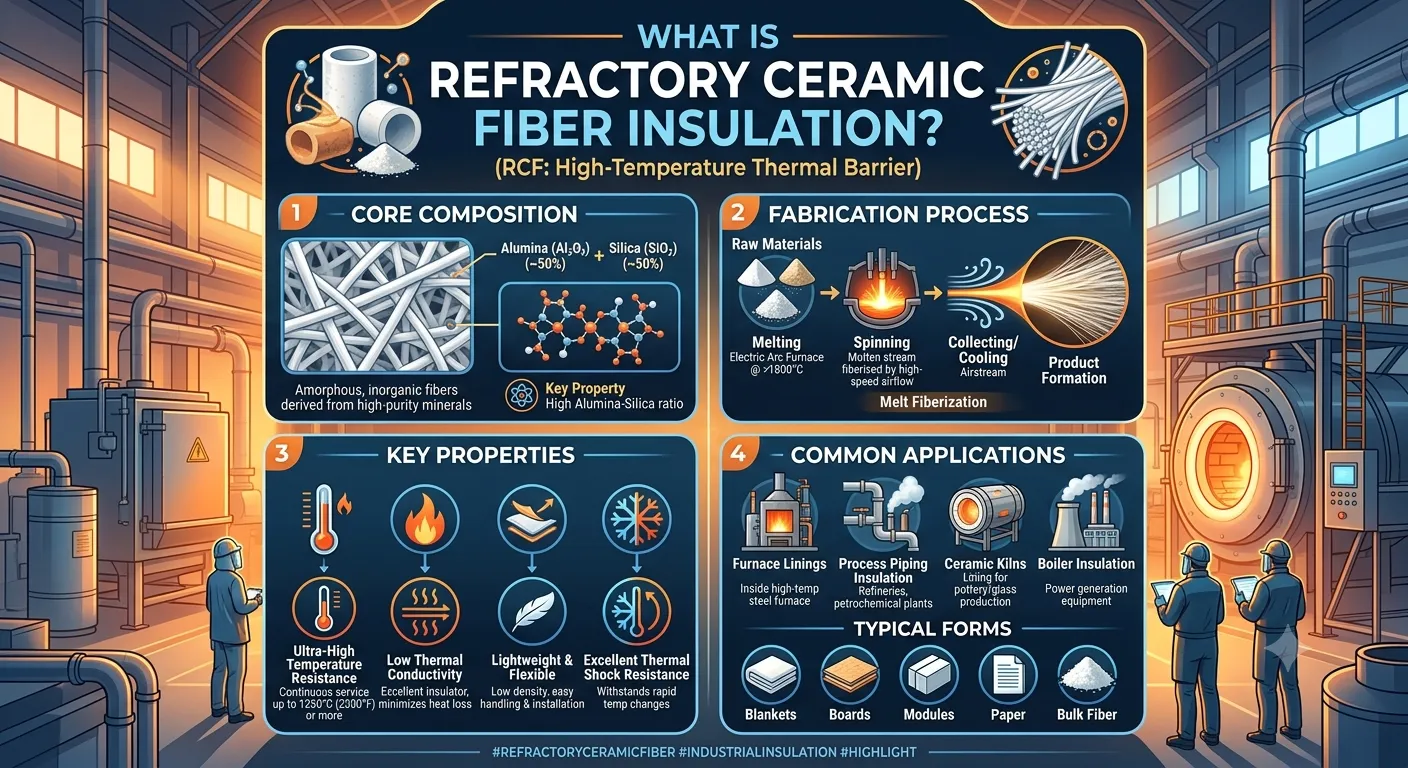 Infographic explaining refractory ceramic fiber insulation composition, properties, manufacturing process, and applications.