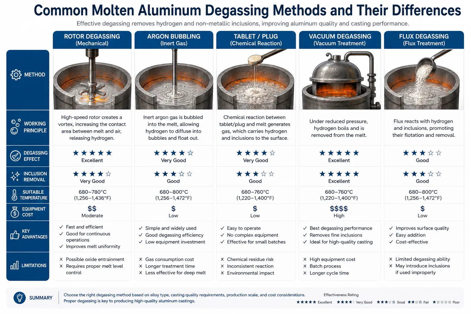 Common molten aluminum degassing methods compared, including rotor, argon bubbling, tablet, vacuum, and flux degassing.