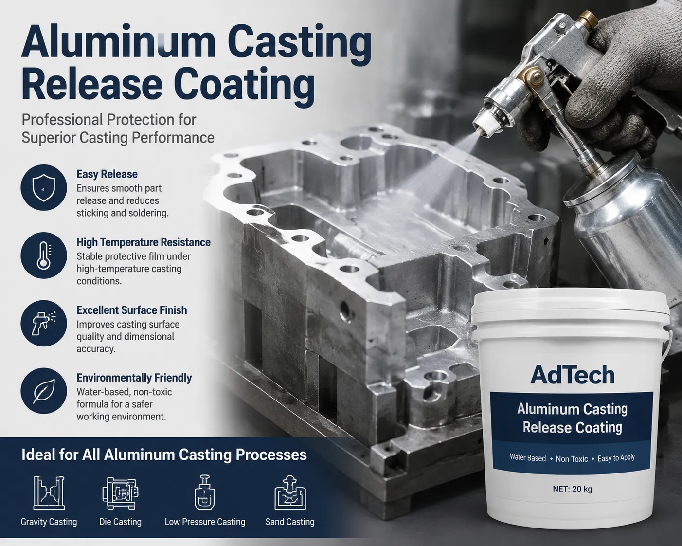 Aluminum casting release coating for mold protection and smooth metal casting