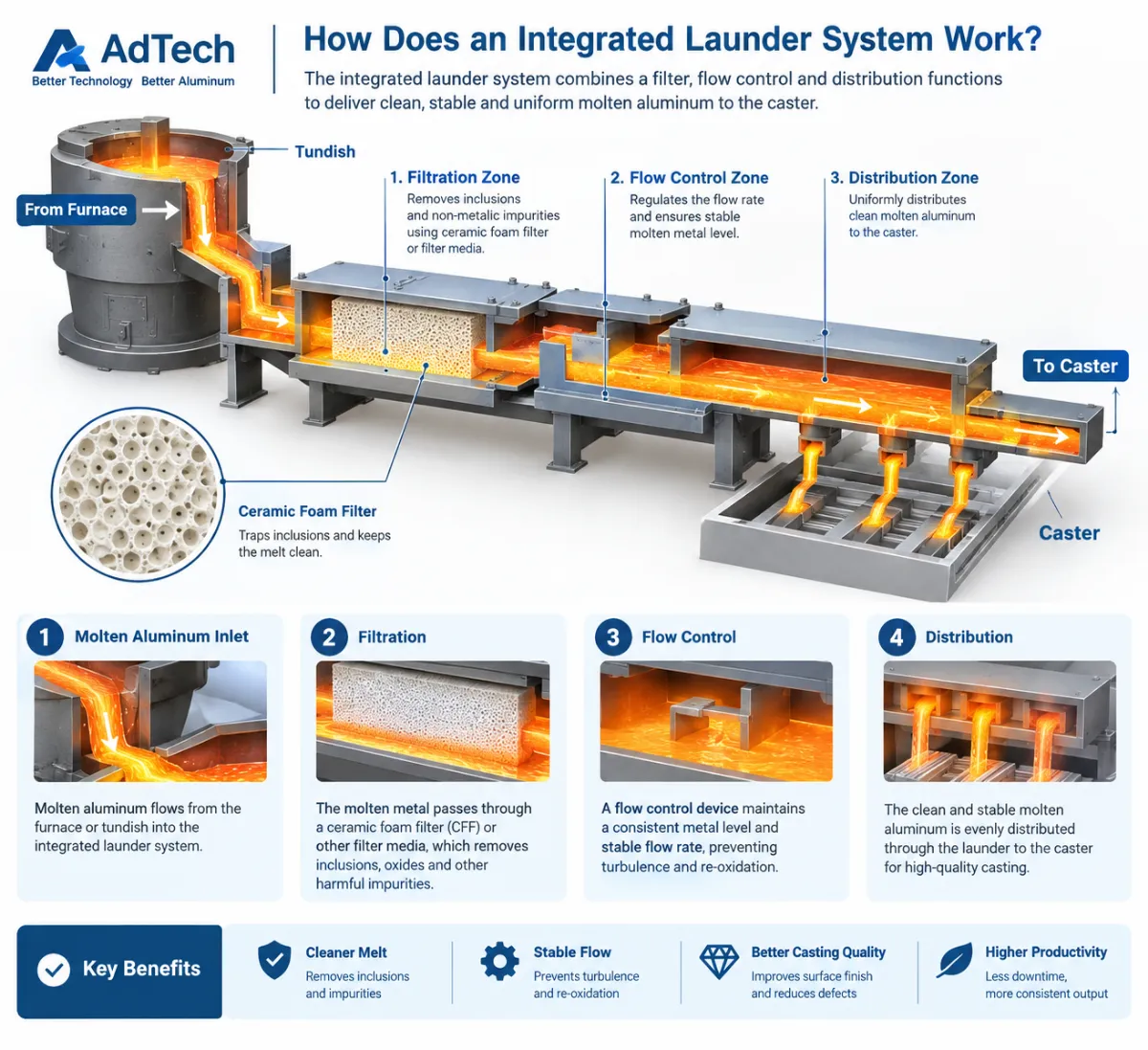 Integrated launder system for molten aluminum filtration, flow control, and uniform distribution to the caster.