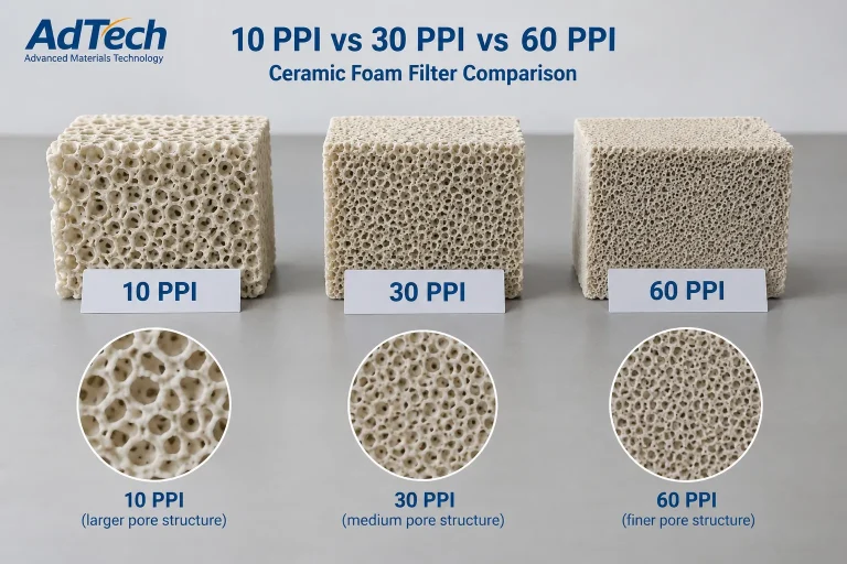 Comparación entre filtros de espuma cerámica de 10 PPI, 30 PPI y 60 PPI