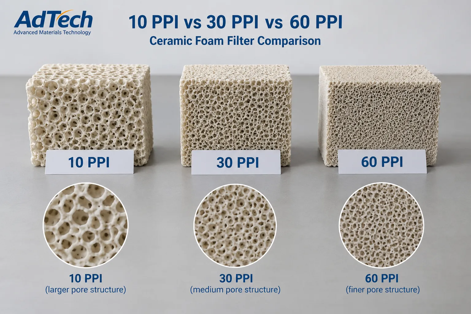 10 PPI, 30 PPI and 60 PPI ceramic foam filter comparison